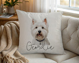 Personalised West Highland White Terrier name cushion on a chair by the window