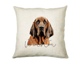 Personalised Bloodhound name cushion with watercolour Bloodhound portrait and name in script