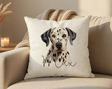 Personalised Dalmatian name cushion on a sofa