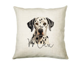 Personalised Dalmatian name cushion with watercolour Dalmatian portrait and name in script