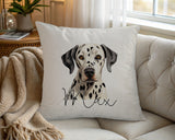 Personalised Dalmatian name cushion on a chair by the window