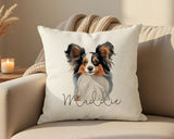 Personalised Papillon name cushion on a sofa