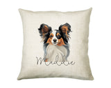 Personalised Papillon name cushion with watercolour Papillon portrait and name in script
