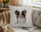 Personalised Papillon name cushion on a chair by the window