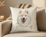 Personalised Samoyed name cushion on a sofa