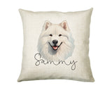 Personalised Samoyed name cushion with watercolour Samoyed portrait and name in script