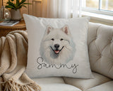 Personalised Samoyed name cushion on a chair by the window