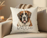 Personalised St Bernard name cushion on a sofa