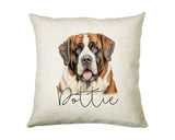 Personalised St Bernard name cushion with watercolour St Bernard portrait and name in script