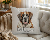 Personalised St Bernard name cushion on a chair by the window