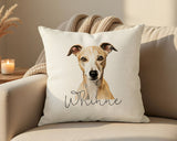 Personalised Whippet name cushion on a sofa
