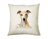 Personalised Whippet name cushion with watercolour Whippet portrait and name in script