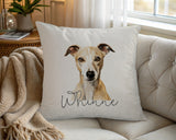Personalised Whippet name cushion on a chair by the window
