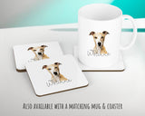 Personalised Whippet cushion with matching mug and coaster