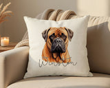 Personalised Bullmastiff name cushion on a sofa