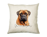 Personalised Bullmastiff name cushion with watercolour Bullmastiff portrait and name in script
