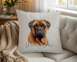 Personalised Bullmastiff name cushion on a chair by the window