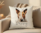 Personalised Bull Terrier name cushion on a sofa