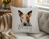 Personalised Bull Terrier name cushion on a chair by the window