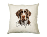 Personalised German Wirehaired Pointer name cushion with watercolour German Wirehaired Pointer portrait and name in script