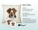How to order the German Wirehaired Pointer cushion - Cover Only, Full Cushion and Pad, or Cushion+Mug+Coaster
