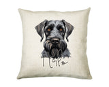 Personalised Giant Schnauzer name cushion with watercolour Giant Schnauzer portrait and name in script