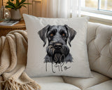 Personalised Giant Schnauzer name cushion on a chair by the window