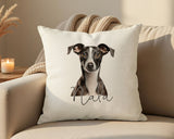 Personalised Italian Greyhound name cushion on a sofa