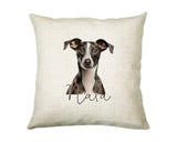 Personalised Italian Greyhound name cushion with watercolour Italian Greyhound portrait and name in script