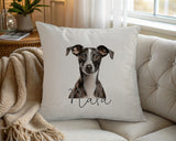 Personalised Italian Greyhound name cushion on a chair by the window
