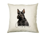 Personalised Scottish Terrier name cushion with watercolour Scottish Terrier portrait and name in script