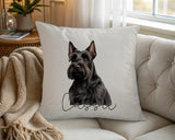 Personalised Scottish Terrier name cushion on a chair by the window