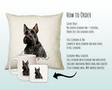 How to order the Scottish Terrier cushion - Cover Only, Full Cushion and Pad, or Cushion+Mug+Coaster