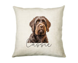 Personalised Wirehaired Pointing Griffon name cushion with watercolour Wirehaired Pointing Griffon portrait and name in script