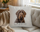 Personalised Wirehaired Pointing Griffon name cushion on a chair by the window