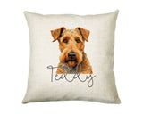 Personalised Airedale Terrier name cushion with watercolour Airedale Terrier portrait and name in script