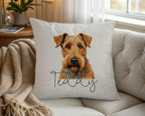 Personalised Airedale Terrier name cushion on a chair by the window