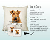 How to order the Airedale Terrier cushion - Cover Only, Full Cushion and Pad, or Cushion+Mug+Coaster