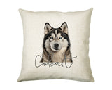 Personalised Alaskan Malamute name cushion with watercolour Alaskan Malamute portrait and name in script