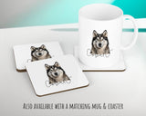 Personalised Alaskan Malamute cushion with matching mug and coaster