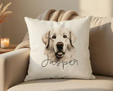 Personalised Pyrenean Mountain Dog name cushion on a sofa