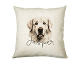 Personalised Pyrenean Mountain Dog name cushion with watercolour Pyrenean Mountain Dog portrait and name in script