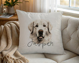 Personalised Pyrenean Mountain Dog name cushion on a chair by the window