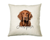 Personalised Irish Setter name cushion with watercolour Irish Setter portrait and name in script
