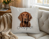 Personalised Irish Setter name cushion on a chair by the window
