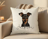 Personalised Miniature Pinscher name cushion on a sofa