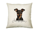 Personalised Miniature Pinscher name cushion with watercolour Miniature Pinscher portrait and name in script