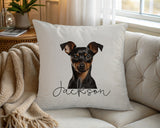 Personalised Miniature Pinscher name cushion on a chair by the window