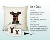 How to order the Miniature Pinscher cushion - Cover Only, Full Cushion and Pad, or Cushion+Mug+Coaster