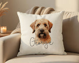 Personalised Soft Coated Wheaten Terrier name cushion on a sofa